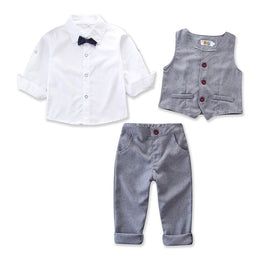 Boys Grey V-Neck Single Breasted Pure Cotton 3 Piece Suit
