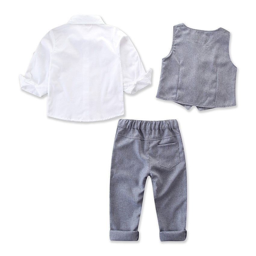 Boys Grey V-Neck Single Breasted Pure Cotton 3 Piece Suit