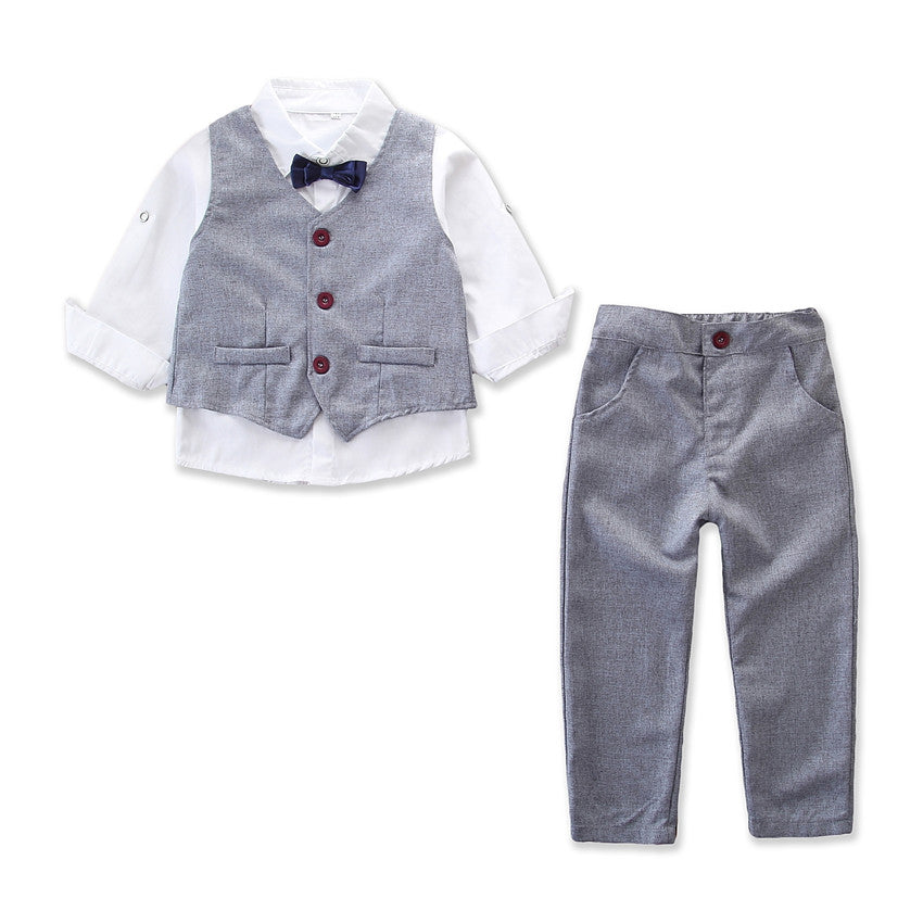 Boys Grey V-Neck Single Breasted Pure Cotton 3 Piece Suit