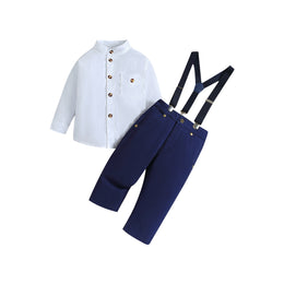 Boys Navy Blue & White Band Collar Shirt & Trousers With Suspenders