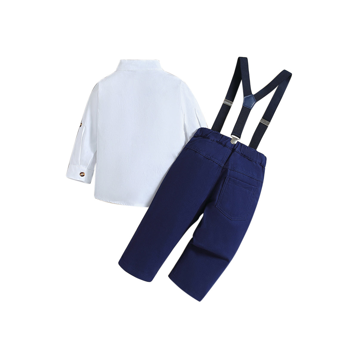 Boys Navy Blue & White Band Collar Shirt & Trousers With Suspenders