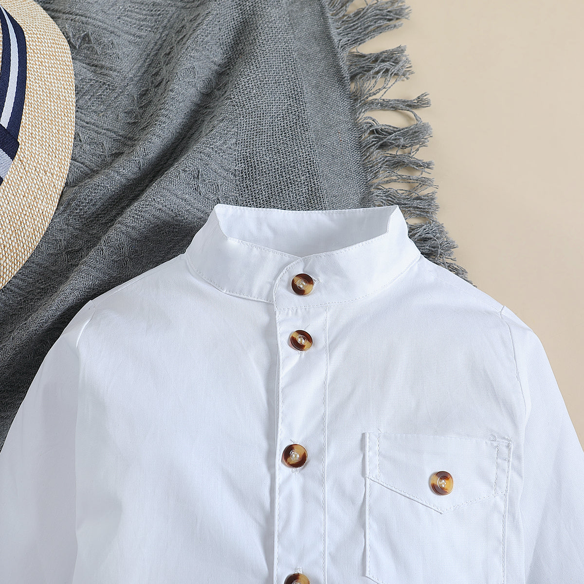 Boys Navy Blue & White Band Collar Shirt & Trousers With Suspenders