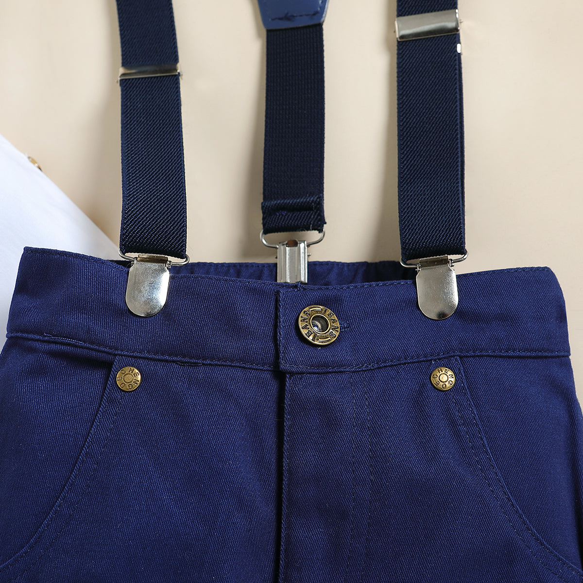 Boys Navy Blue & White Band Collar Shirt & Trousers With Suspenders