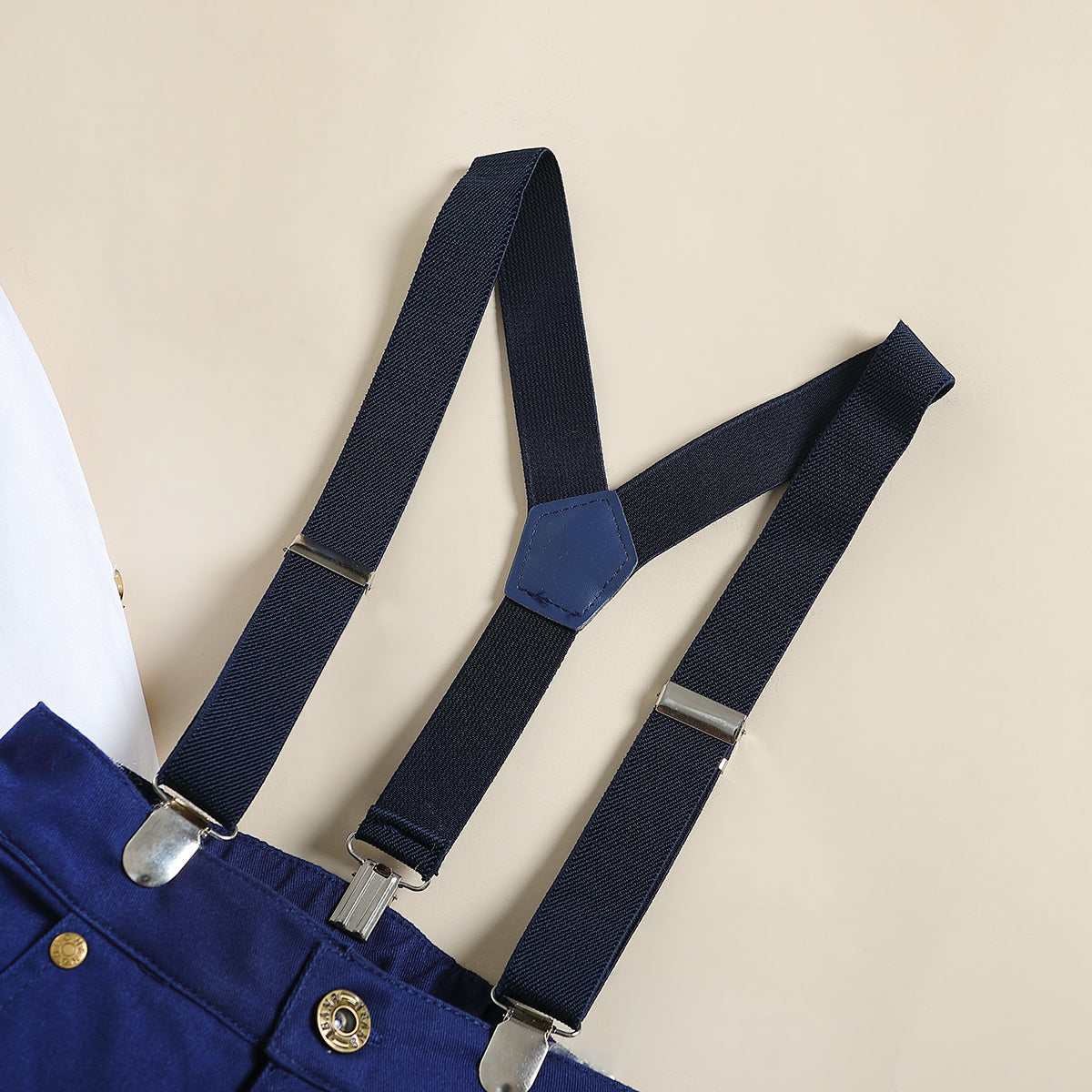 Boys Navy Blue & White Band Collar Shirt & Trousers With Suspenders