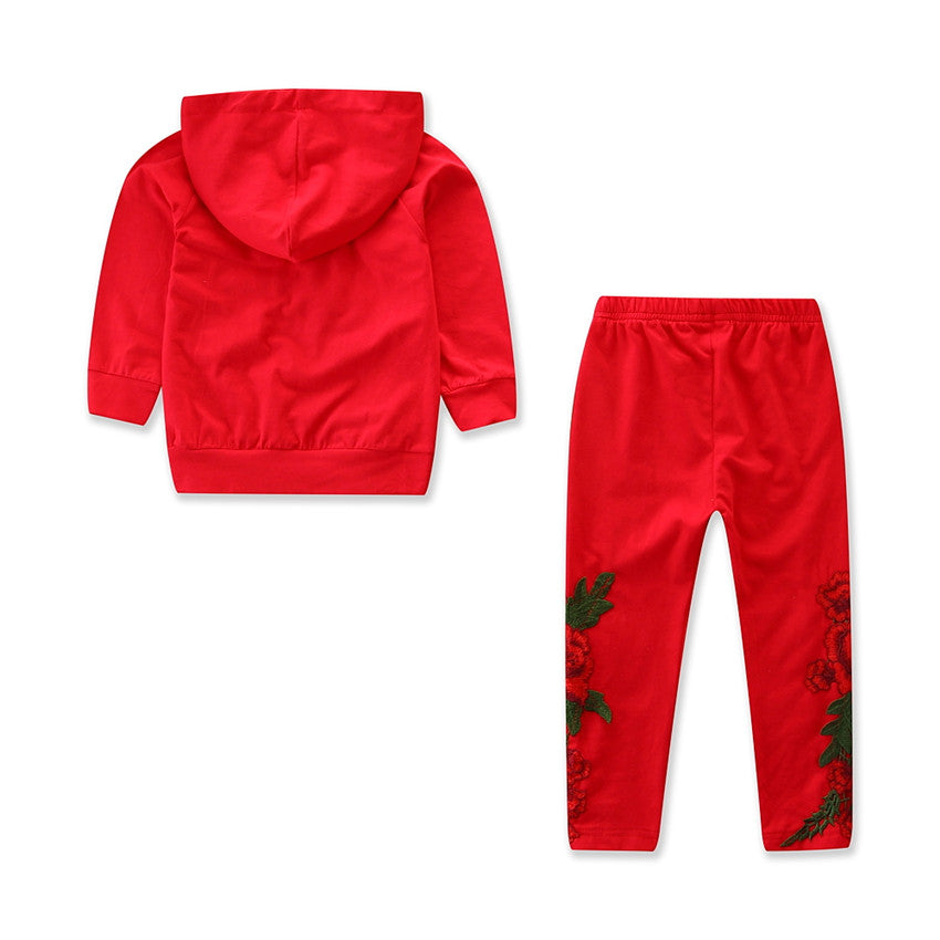 Girls Red Floral Hooded Sweatshirt with Pyjamas