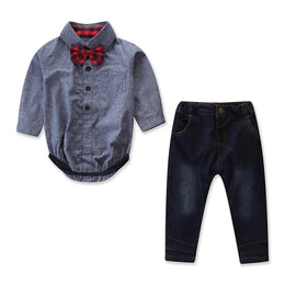 Infant Boys Grey Pure Cotton Shirt & Trouser With Bow