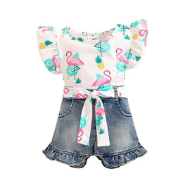 Girls White & Blue Printed Top with Shorts