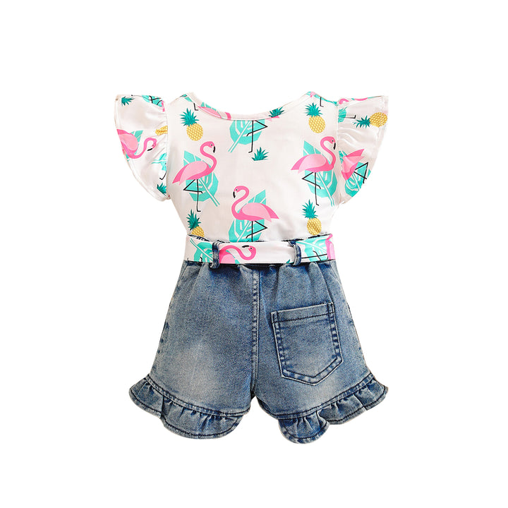 Girls White & Blue Printed Top with Shorts
