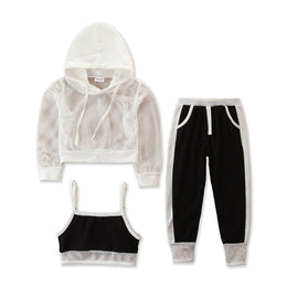 Girls White Woven Design Top and T-shirt With Trousers