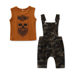 Boys Brown Camouflage Printed Straight Leg Dungaree With T-Shirt
