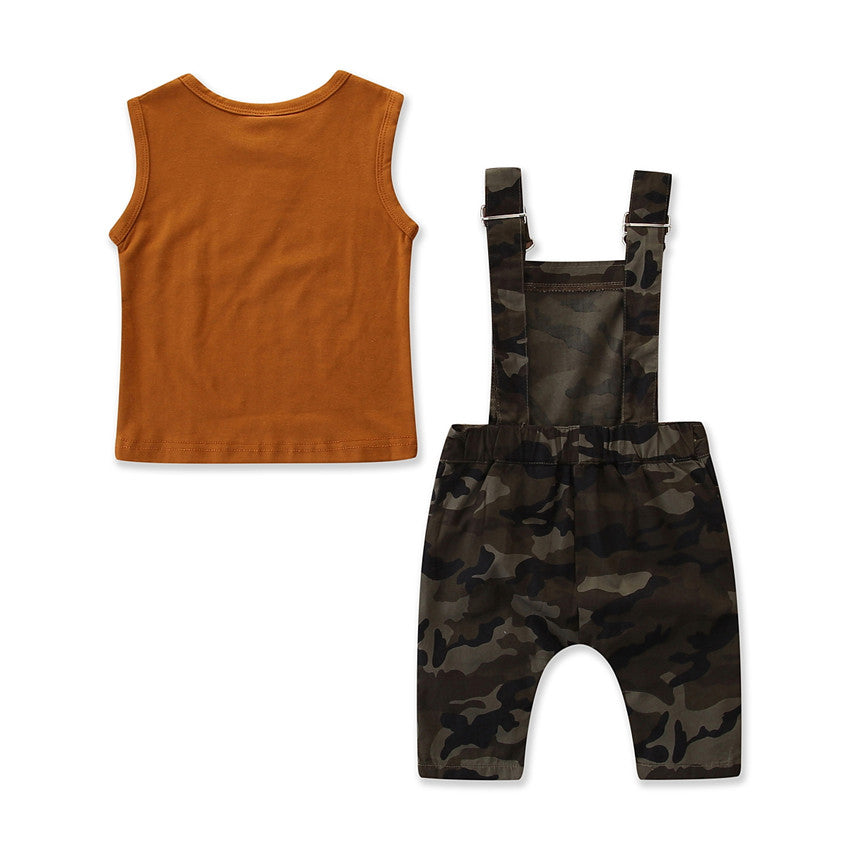Boys Brown Camouflage Printed Straight Leg Dungaree With T-Shirt