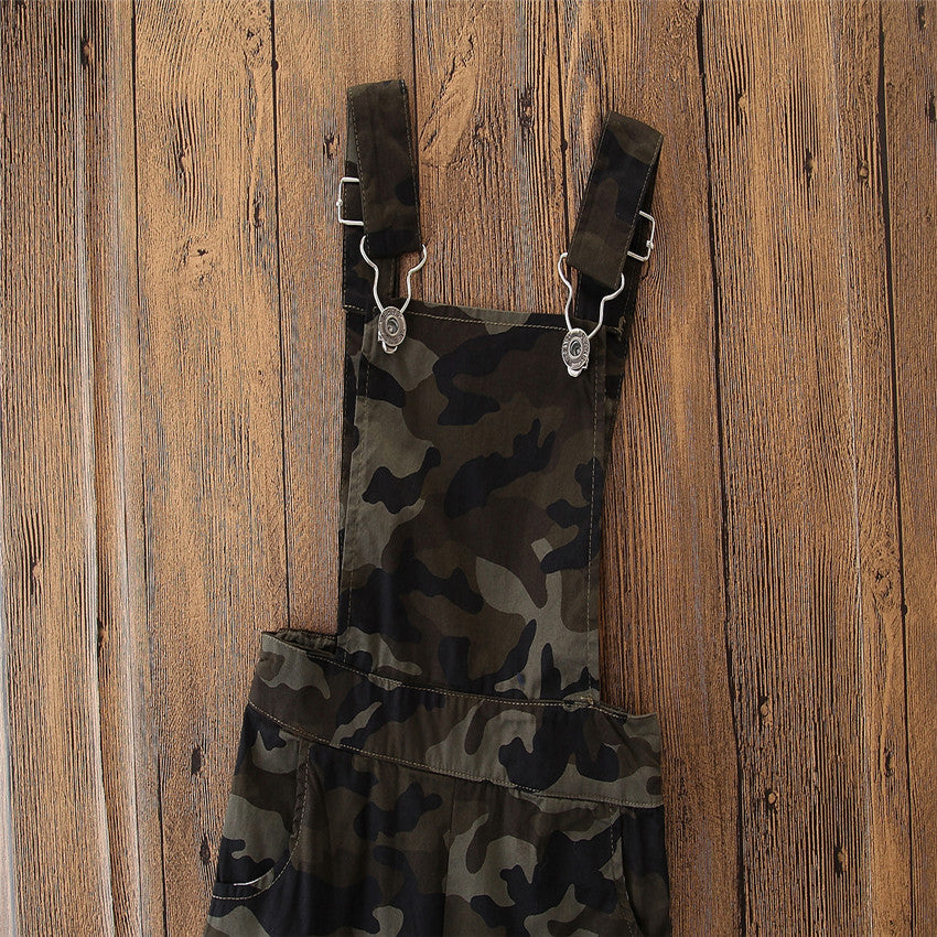Boys Brown Camouflage Printed Straight Leg Dungaree With T-Shirt