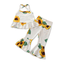 Girls White Floral Printed Halter Neck Top with Trousers