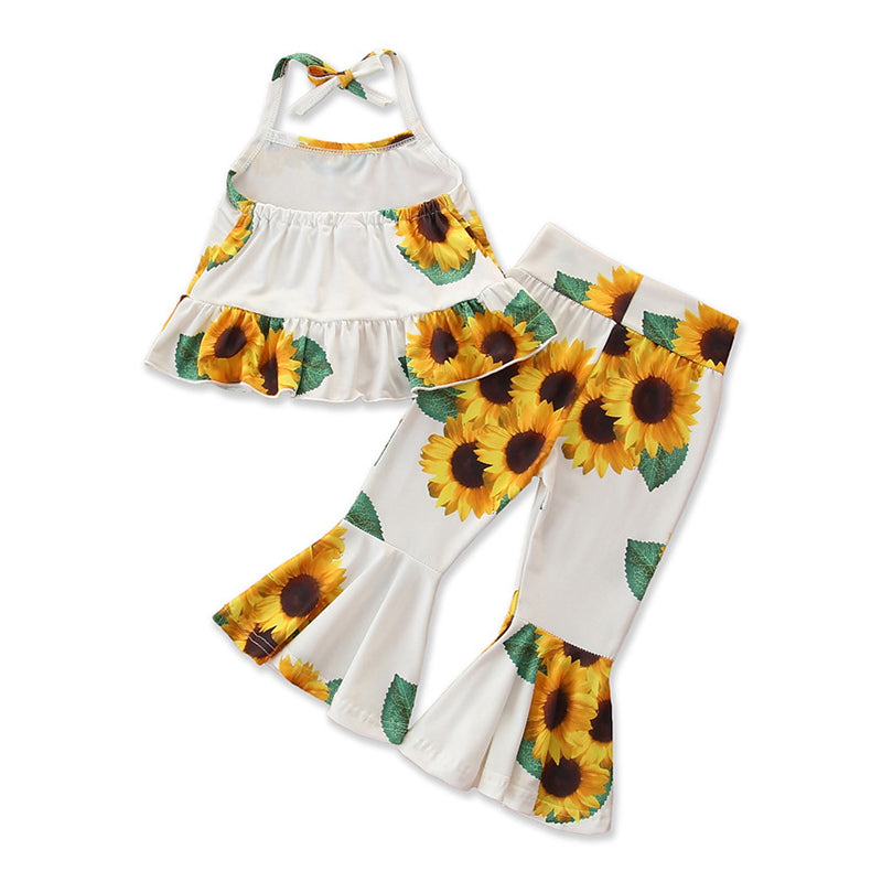 Girls White Floral Printed Halter Neck Top with Trousers