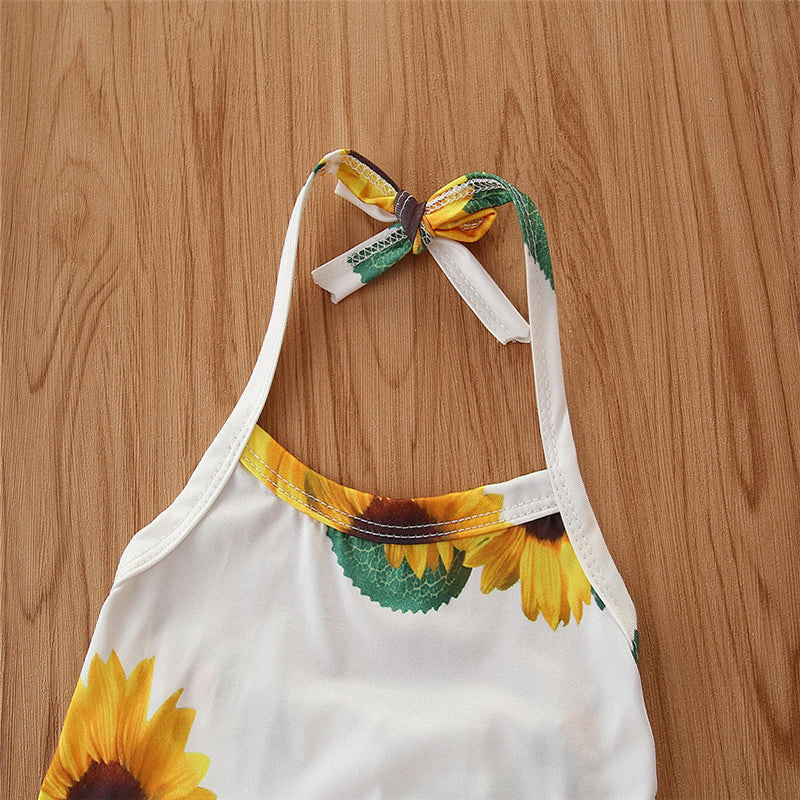 Girls White Floral Printed Halter Neck Top with Trousers