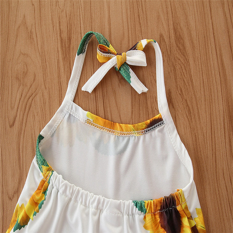 Girls White Floral Printed Halter Neck Top with Trousers
