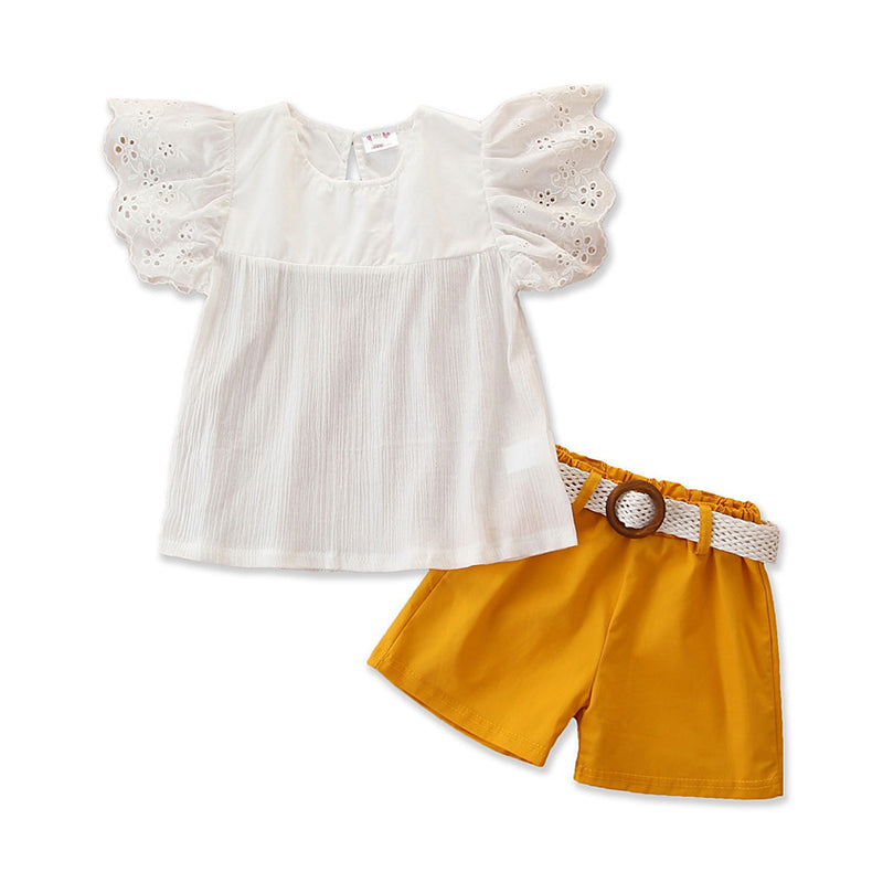 Girls White & Mustard Top With Shorts