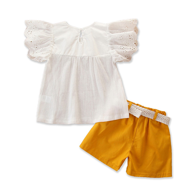 Girls White & Mustard Top With Shorts