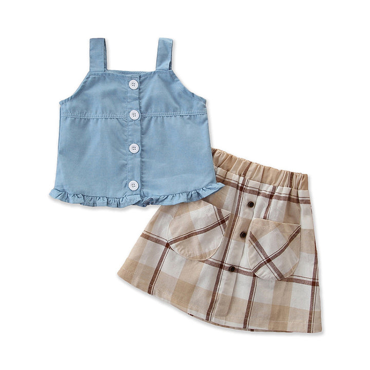 Girls Blue & Brown Checked Top With Skirt