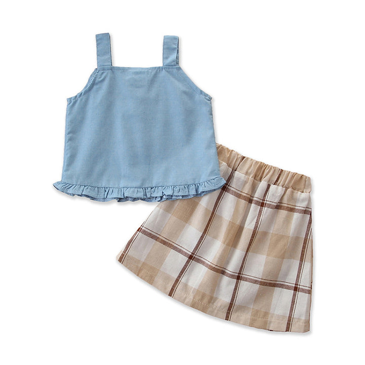 Girls Blue & Brown Checked Top With Skirt