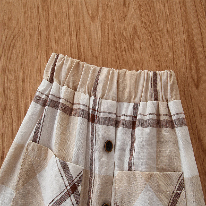 Girls Blue & Brown Checked Top With Skirt