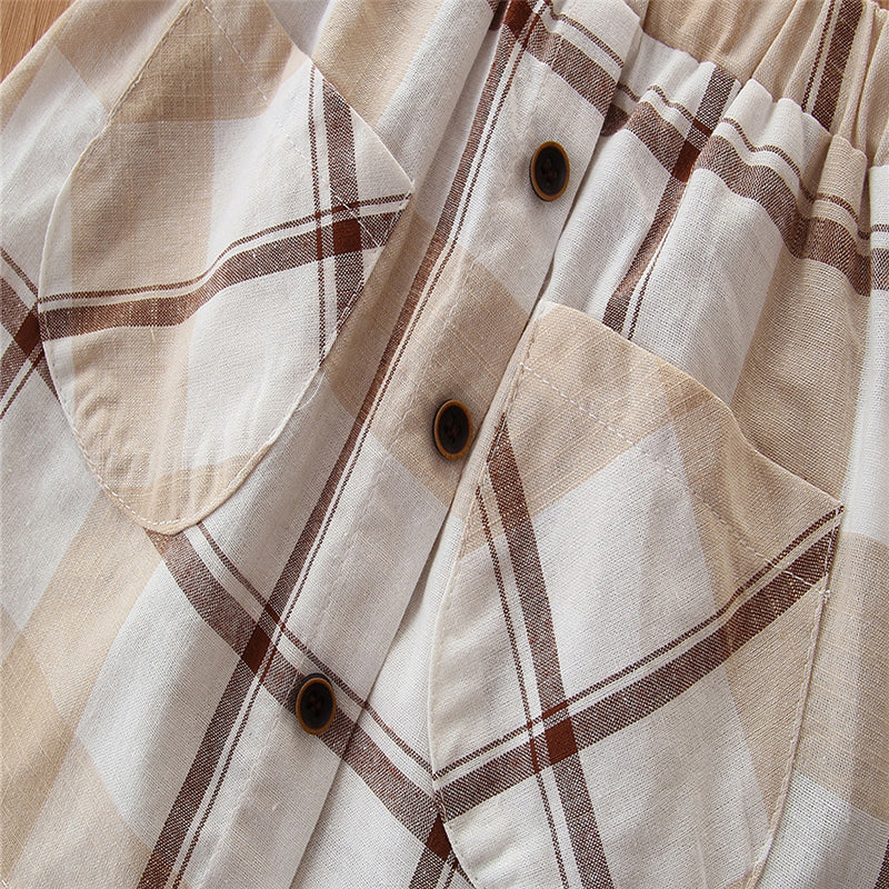 Girls Blue & Brown Checked Top With Skirt