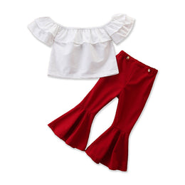 Girls White & Red Off-Shoulder Top With Flared Trousers
