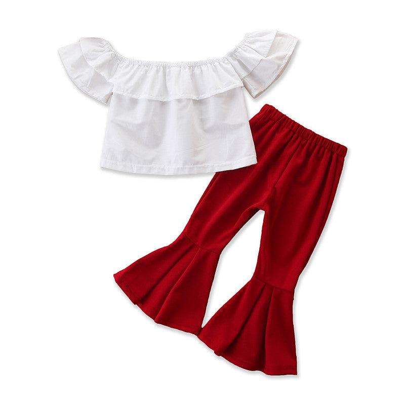 Girls White & Red Off-Shoulder Top With Flared Trousers