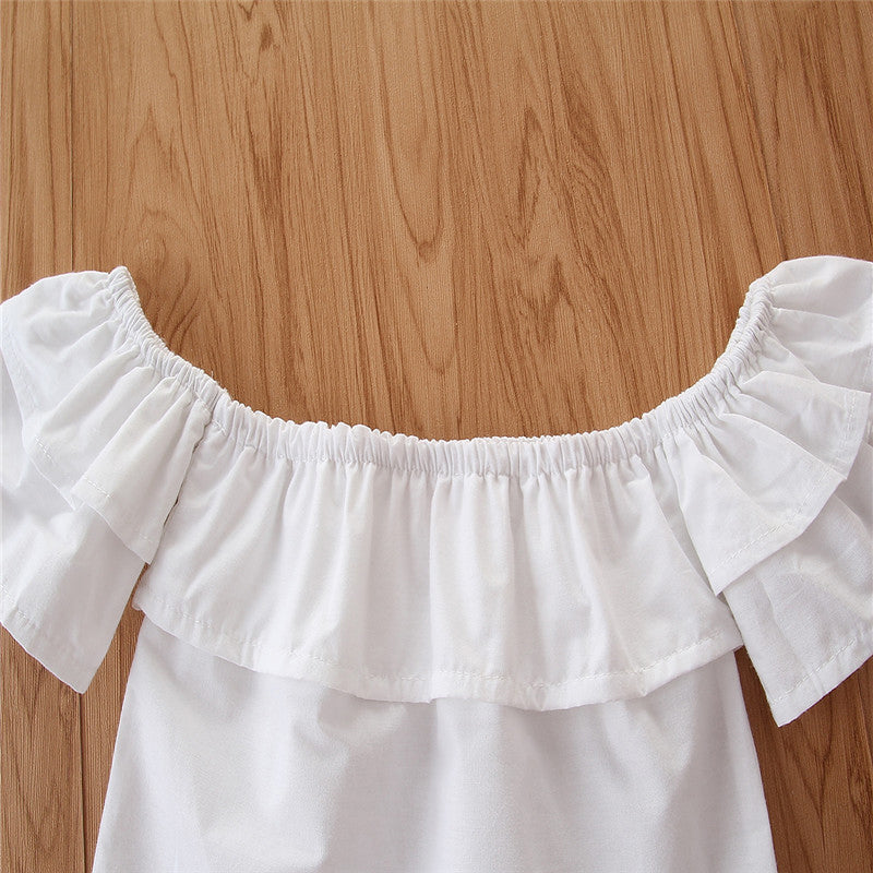Girls White & Red Off-Shoulder Top With Flared Trousers