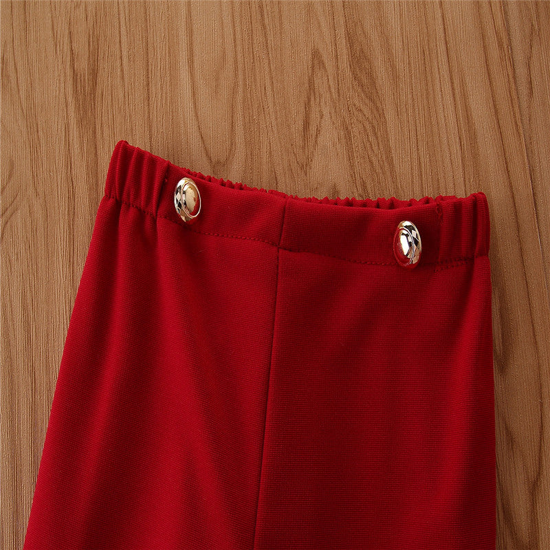 Girls White & Red Off-Shoulder Top With Flared Trousers