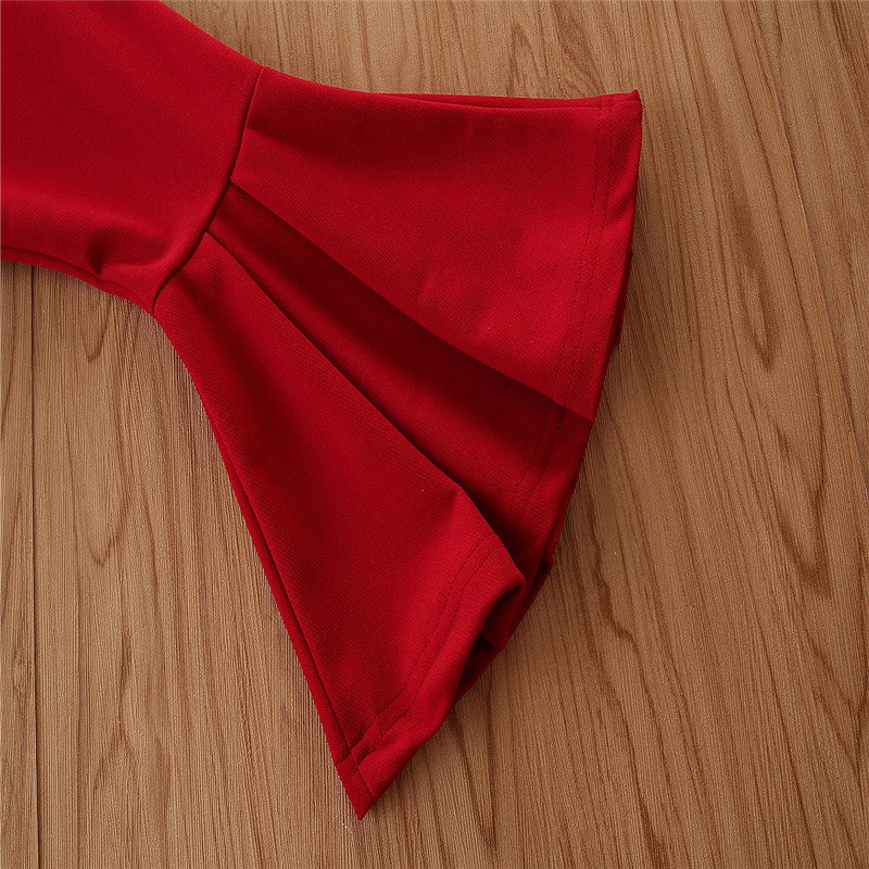 Girls White & Red Off-Shoulder Top With Flared Trousers