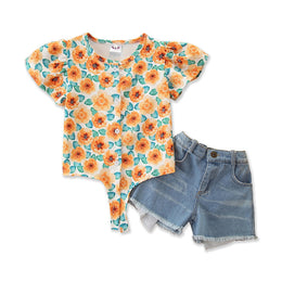 Girls Orange & Blue Printed Top With Shorts