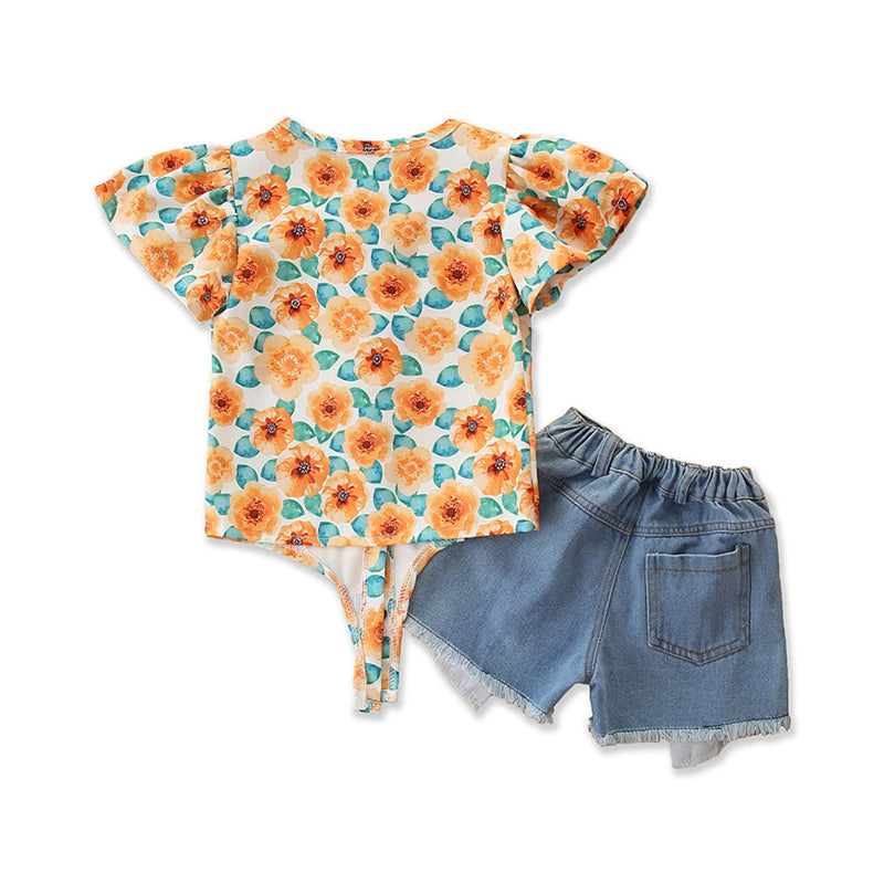 Girls Orange & Blue Printed Top With Shorts