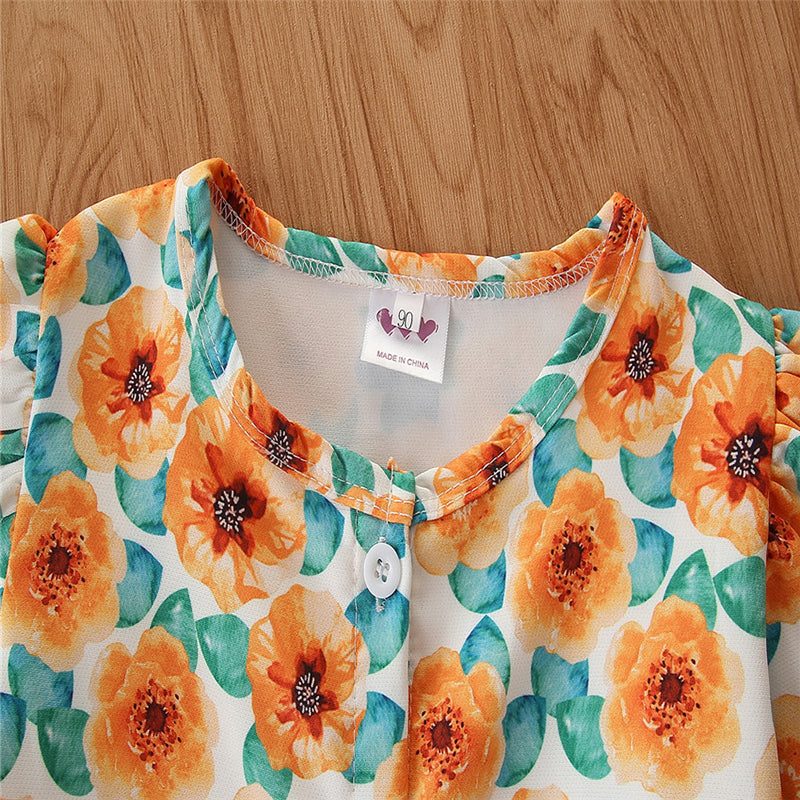 Girls Orange & Blue Printed Top With Shorts
