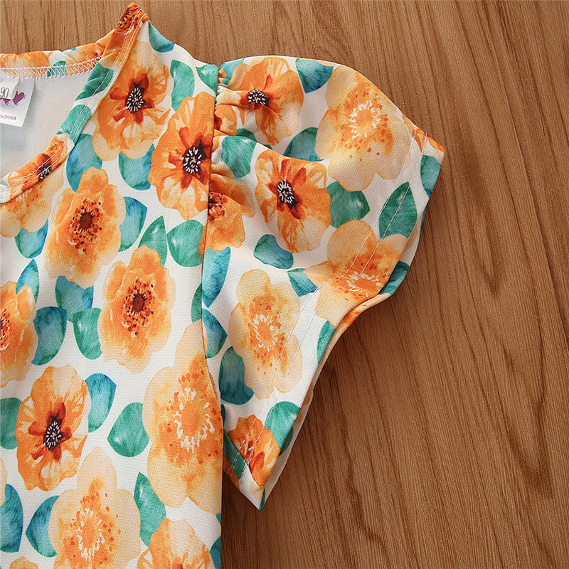 Girls Orange & Blue Printed Top With Shorts