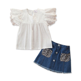 Girls White Flutter Sleeve Top with Skirt