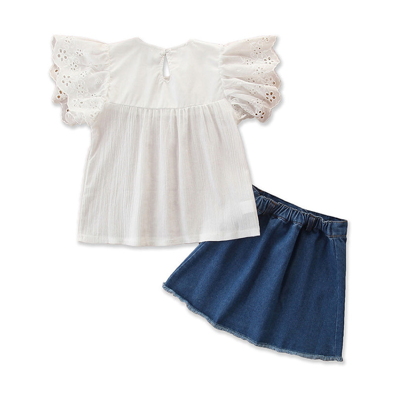 Girls White Flutter Sleeve Top with Skirt