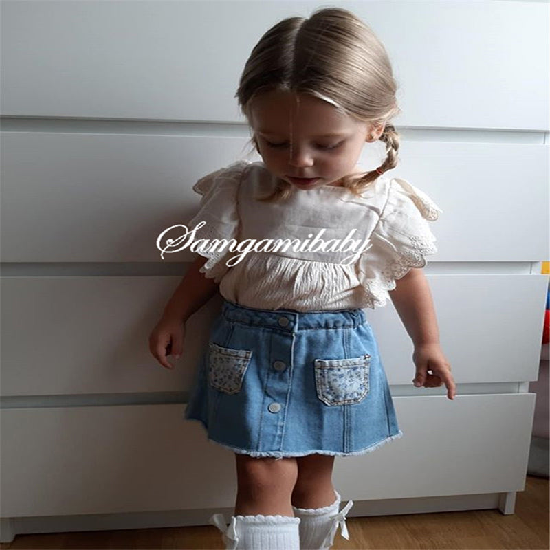 Girls White Flutter Sleeve Top with Skirt