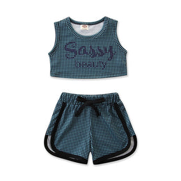 Girls Green Sleeveless Checked Top With Short