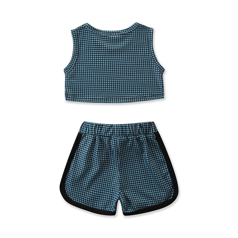 Girls Green Sleeveless Checked Top With Short
