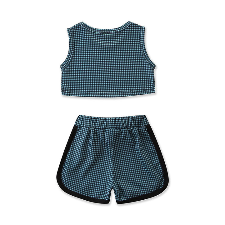 Girls Green Sleeveless Checked Top With Short
