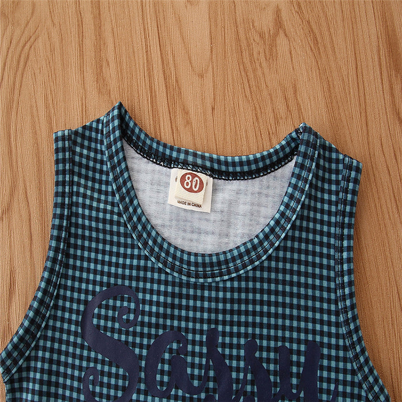 Girls Green Sleeveless Checked Top With Short