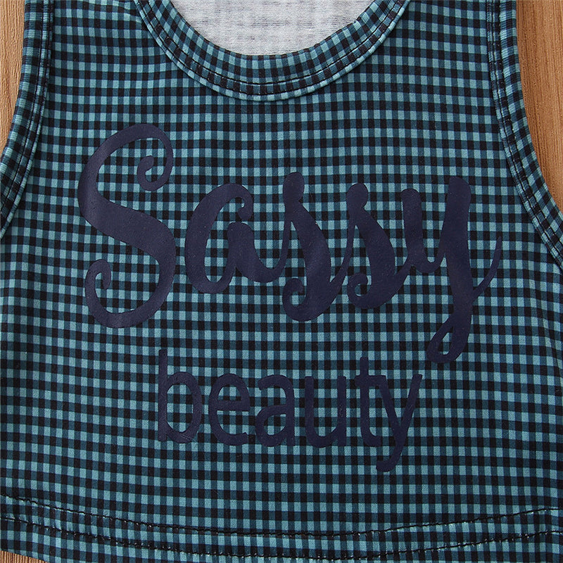 Girls Green Sleeveless Checked Top With Short