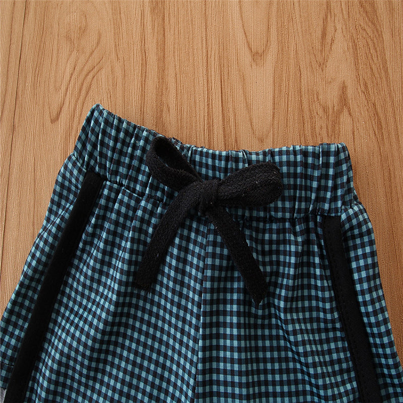 Girls Green Sleeveless Checked Top With Short