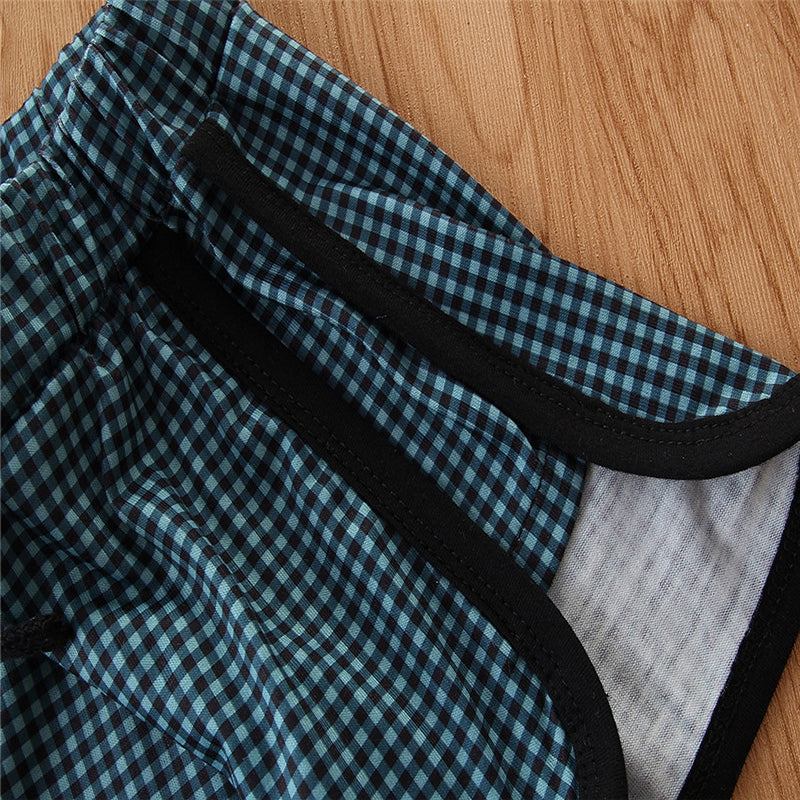 Girls Green Sleeveless Checked Top With Short