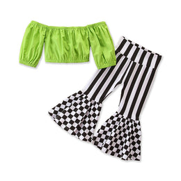 Girls Green Off-Shoulder Top with Striped Bootcut Trouser