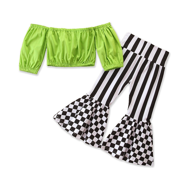 Girls Green Off-Shoulder Top with Striped Bootcut Trouser