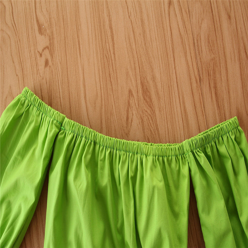 Girls Green Off-Shoulder Top with Striped Bootcut Trouser