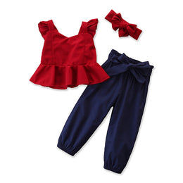 Girls Red & Navy Blue Flutter Sleeves Pure Cotton Top With Joggers