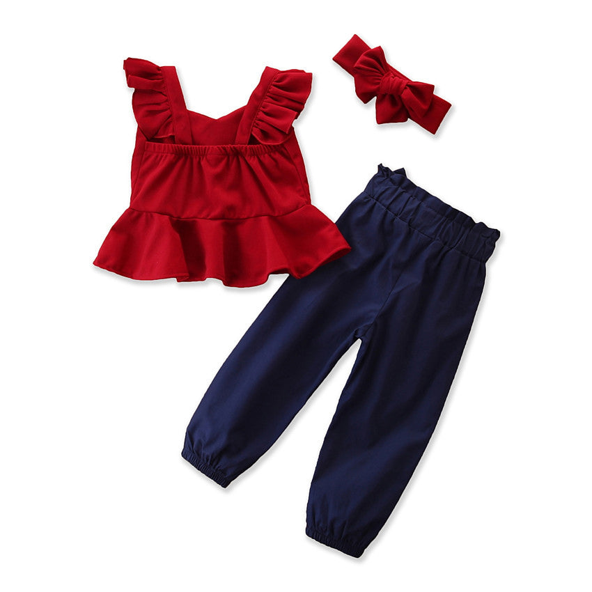 Girls Red & Navy Blue Flutter Sleeves Pure Cotton Top With Joggers